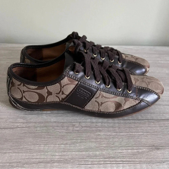 Coach SUEE Signature Brown Leather & Canvas Fashion Sneakers Size 8 - Picture 1 of 10